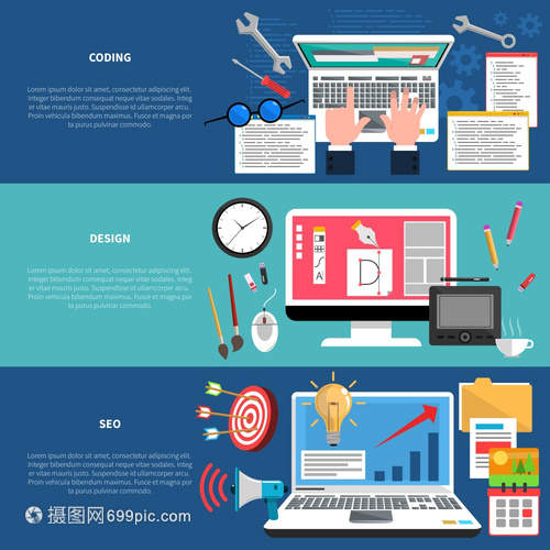 網(wǎng)頁(yè)開(kāi)發(fā)水平橫幅編碼SEO元素隔離矢量插圖網(wǎng)頁(yè)開(kāi)發(fā)橫幅